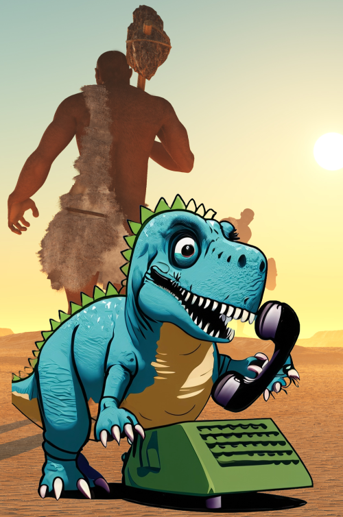 digital dinosaur on teletype machine with caveman in background